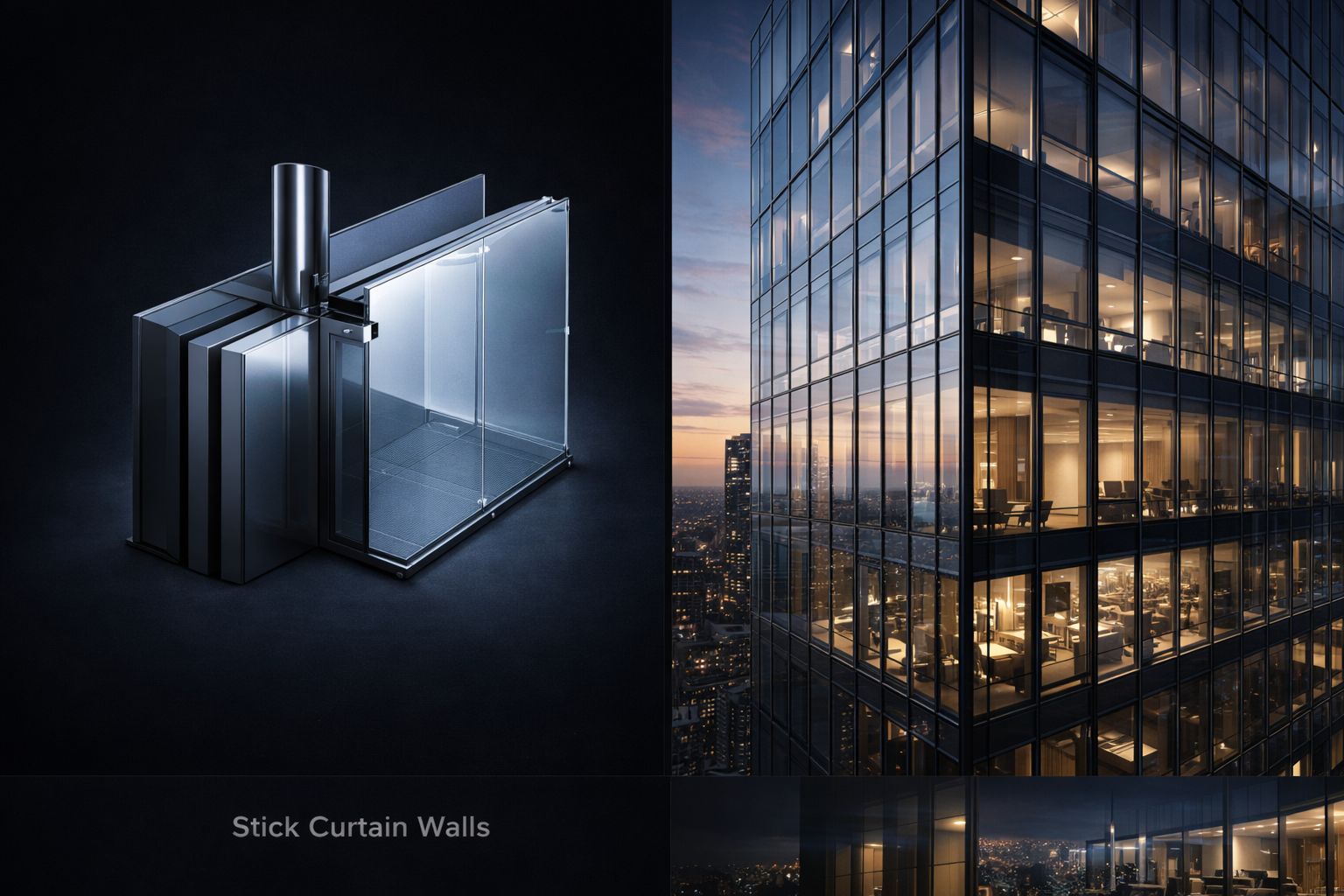 Stick curtain wall facade system — site-assembled glazing for commercial buildings